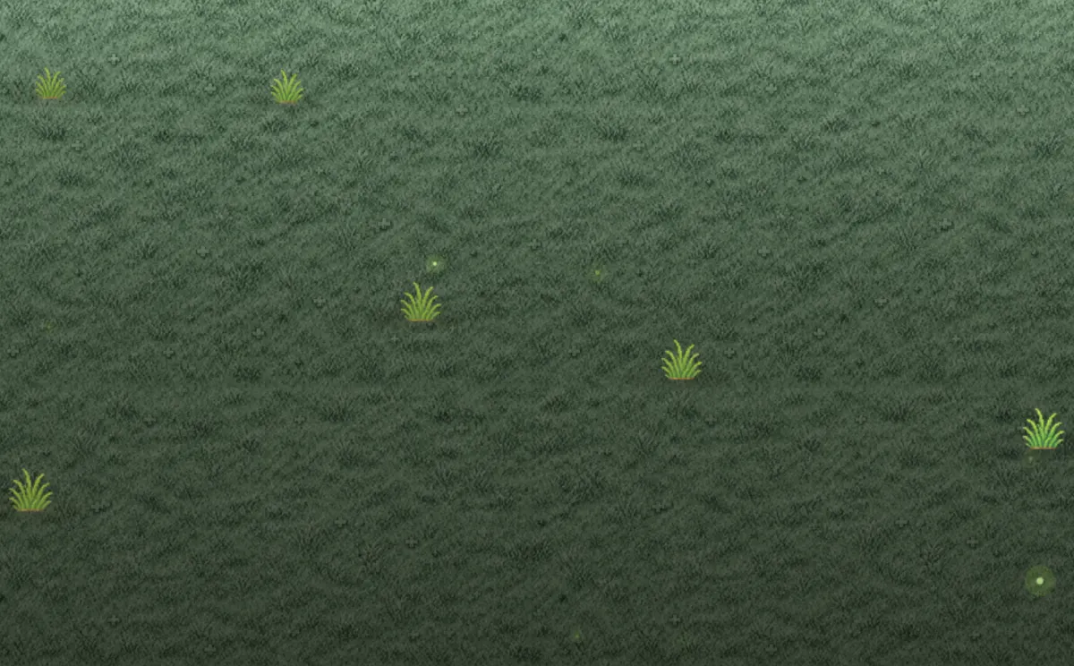 夜の草原の地面に、ぽつぽつと生えている草。波紋が当たっている株は色が褪せている